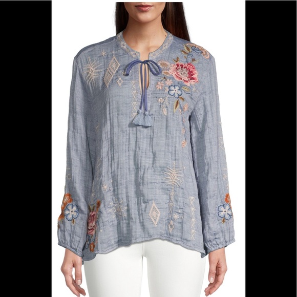 Johnny Was Umoya Patchwork Scarf Floral Embroidery Blouse Denim Blue Size Small - Picture 8 of 14